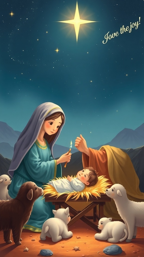 Nativity scene with Mary, Joseph, and baby Jesus in a manger under a starry sky.